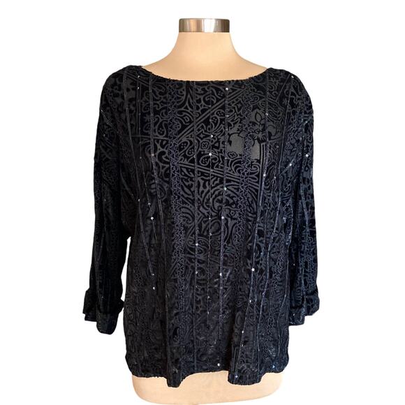 Coldwater Creek Black Velvet Burnout Sequined Blouse LG Whimsygoth Fairy Grunge - Picture 1 of 9